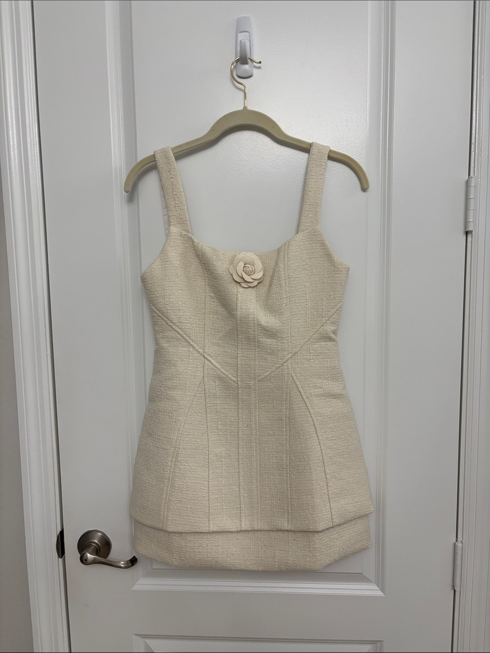 Cream Textured Mini Dress with Floral Accent